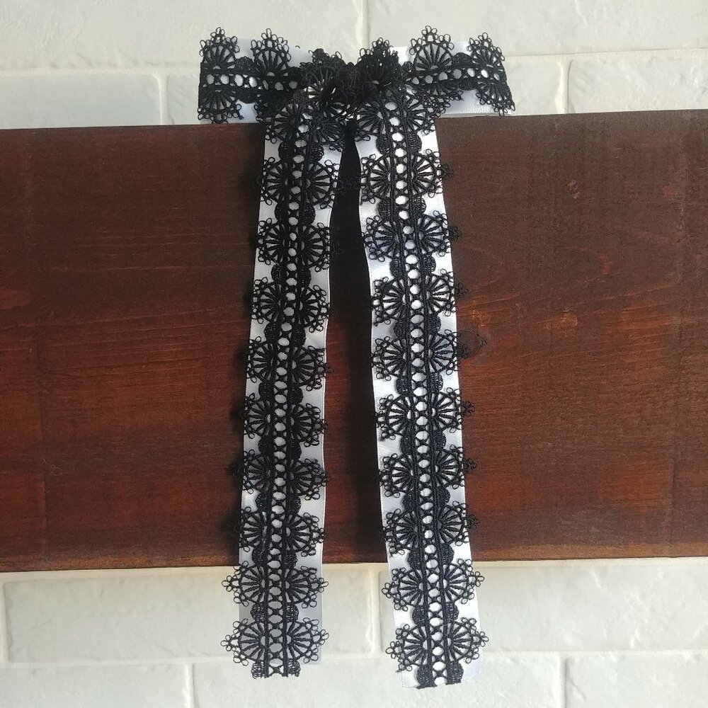 4/$20 Hair clip large bow long ribbon white and black lace